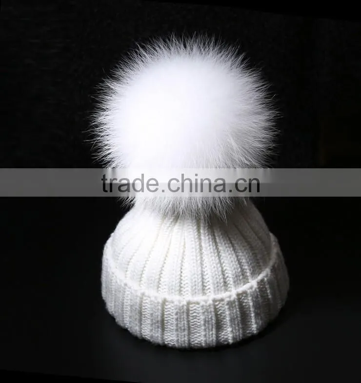 Adult Lady Fox Fur Pom Pom Crochet Warm Black Winter Knitted Hats Cap For Women Perfect Valentine's Day Gift