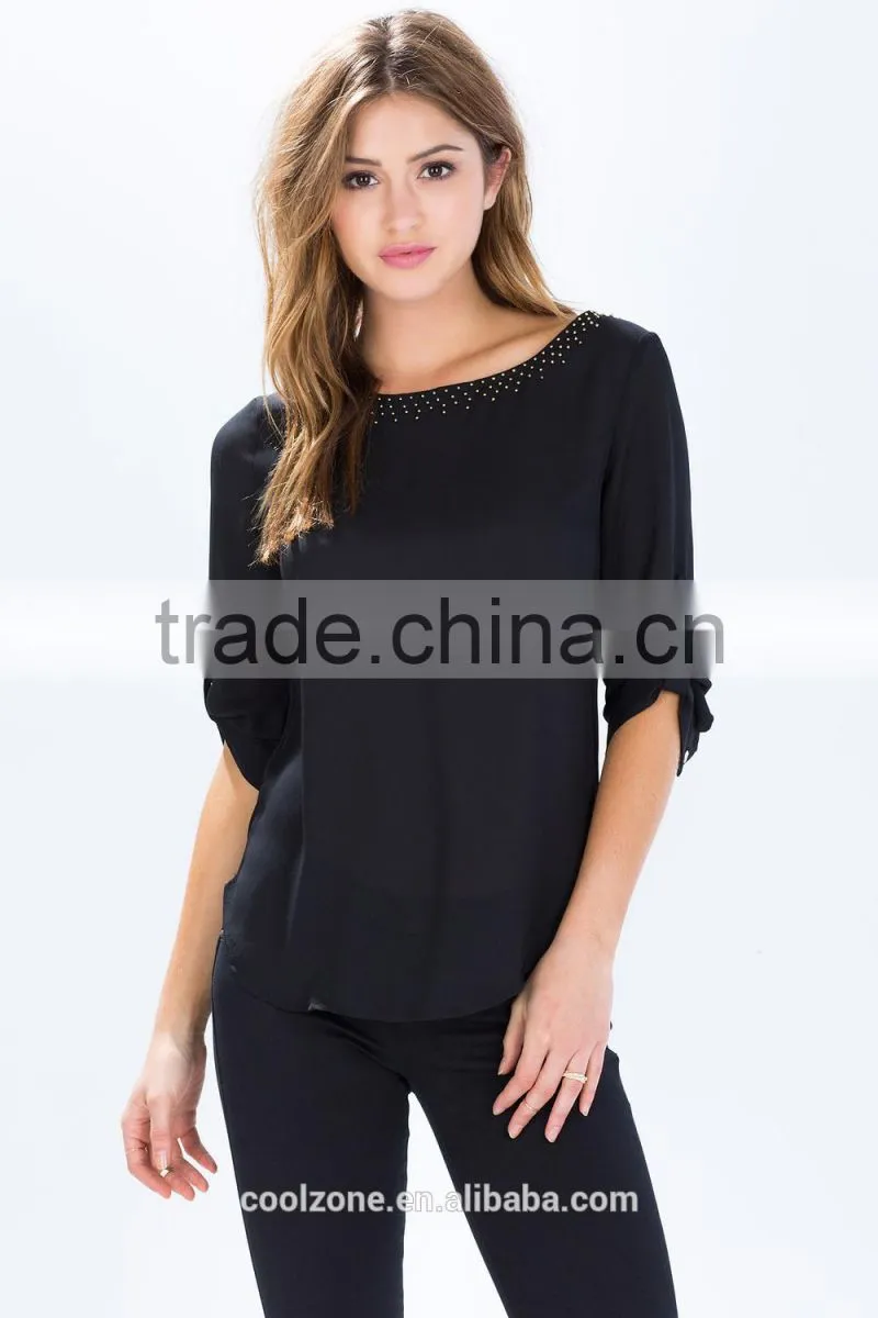 Latest roll sleeves beaded woman blouse fashion blouse for daily life