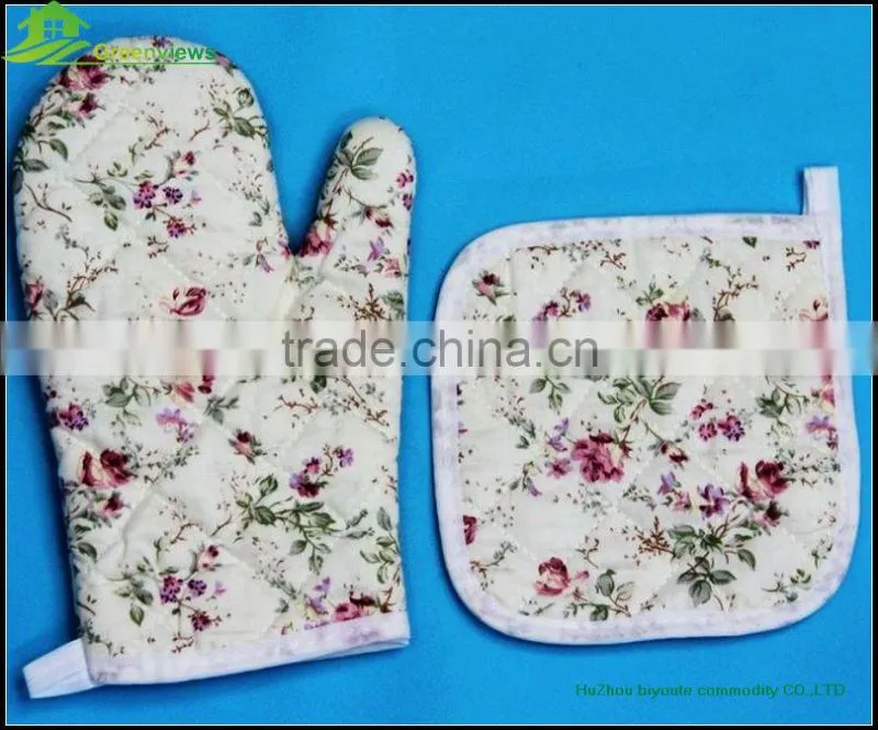 Cotton printed yellow stripe oven mitt & pot holder Factory Eco friendly pot holders and oven mitts 2 kitchen sets-oven