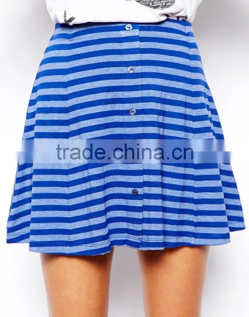 grey and blue stripe skater skirt with button front fashion ladies short skirt designs