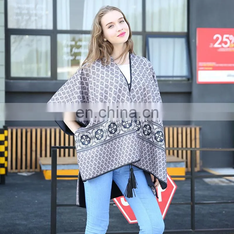 Womens Winter Stamp Cashmere Fringed Shawl Cloak