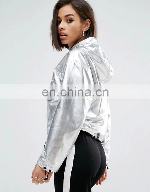 High quality female fashion design ladies hoody metallic jackets women outdoor long sleeve jackets facotry