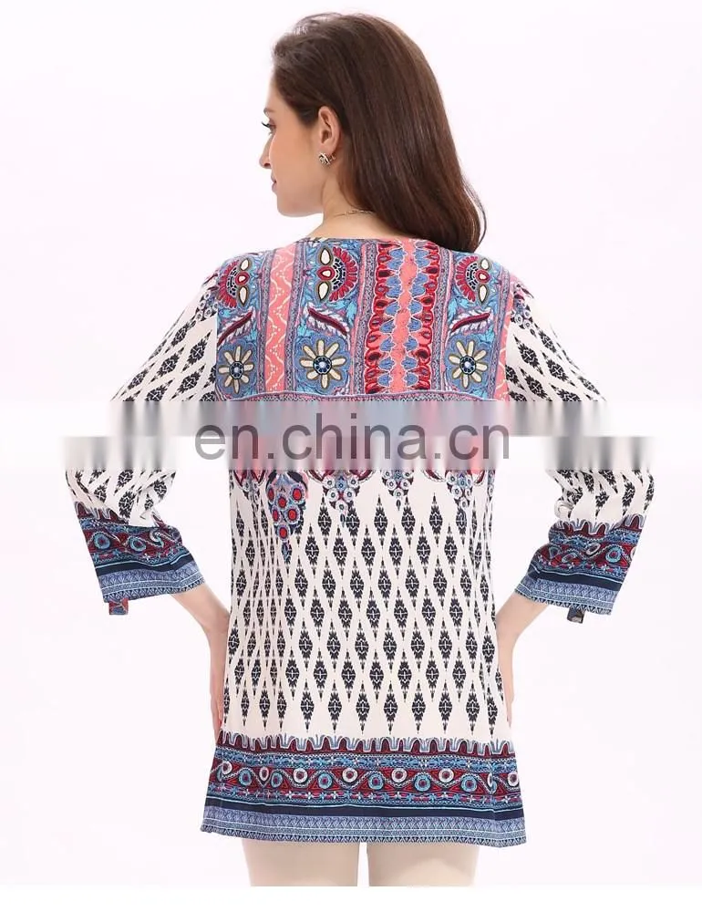 2017 Hot Selling In Stock Women Summer Boho Border Printed Tunic Tops