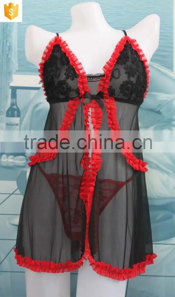 OEM Sexy open transparent black -red sleeping dress,babydoll lingerie