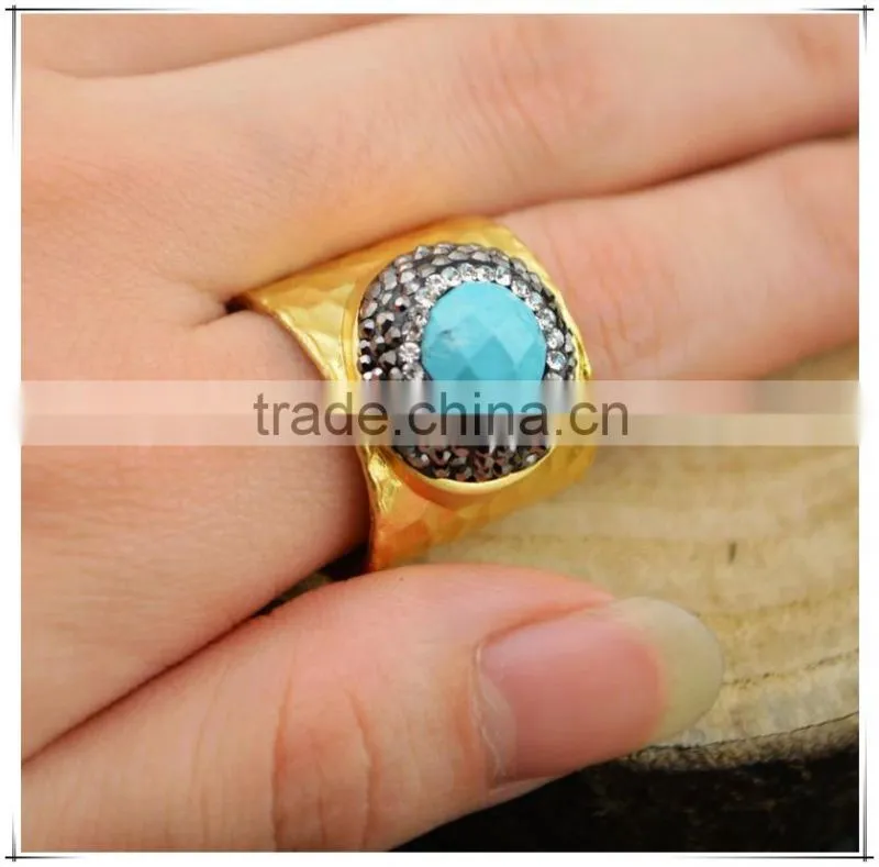 LFD-001R ~ Gold Plated Druzy Faceted Turquoise Stone Pave Rhinestone Crystal Rings For Women Jewelry Finding