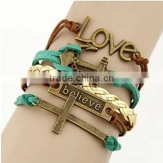 >>Best selling SW16499 Christian I LOVE cross leather bracelet/