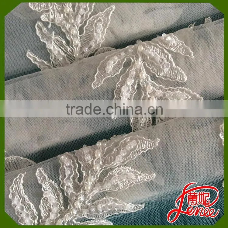 Handmade Leaf Design Pearl Beads Mesh Embroidery Fabric Wholesale Price
