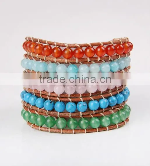 the sea blue pink crystal bracelet fashion Agate beads charm bracelet women jewelry 5 coil winding leather bracelet bangles