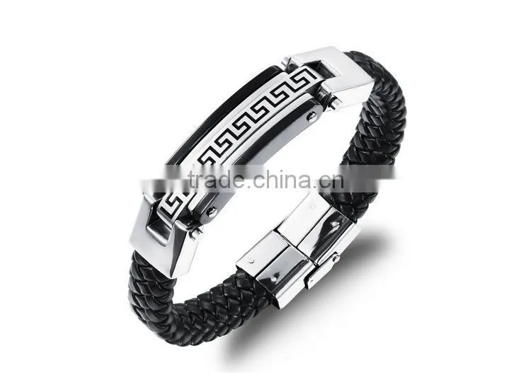 Plated 0.02um Nickel And Lead Free Leather & Steel Jewelry Custom Logo Bracelet