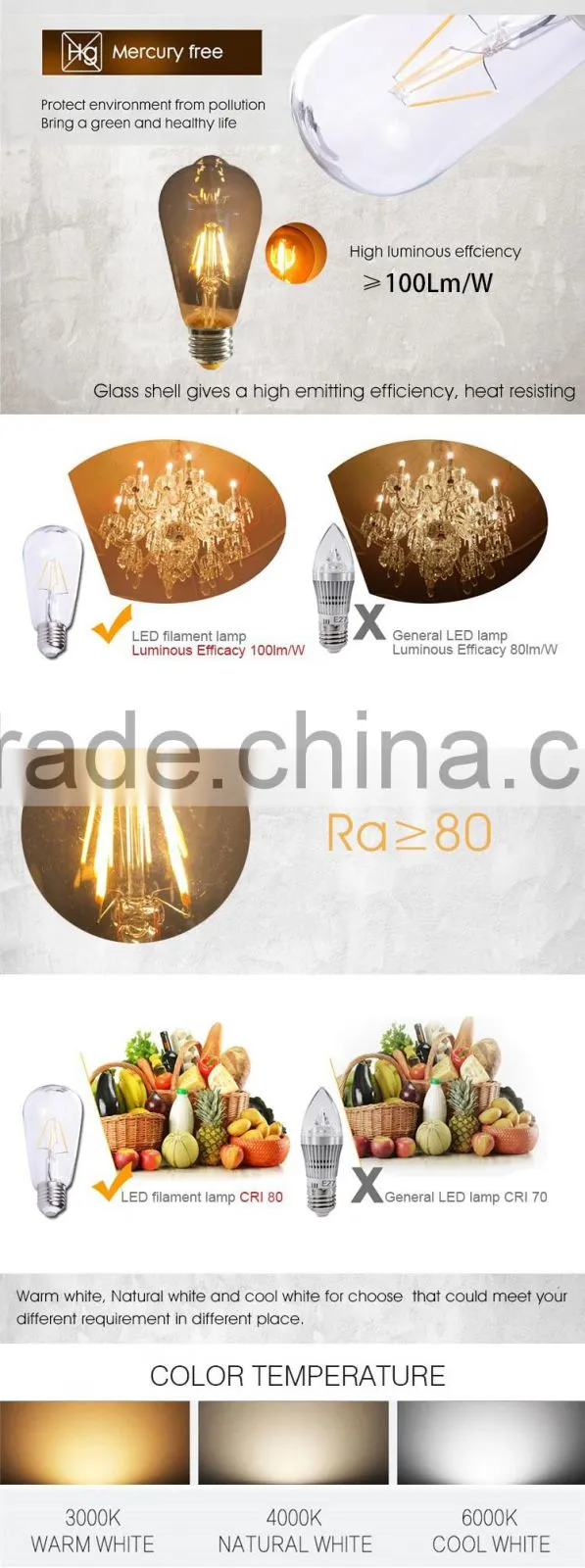 led filament candle bulb 4w 6w 8w led filament glass body e27 ST58/ST64