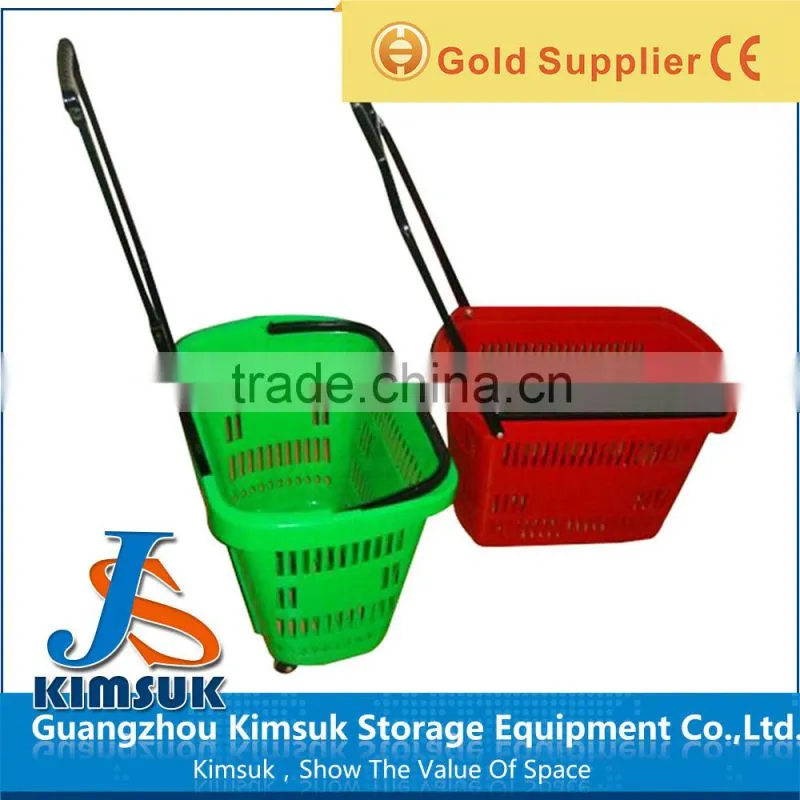 35~80 Litre Supermarke Movable Plastic Hand Basket With Four Wheels