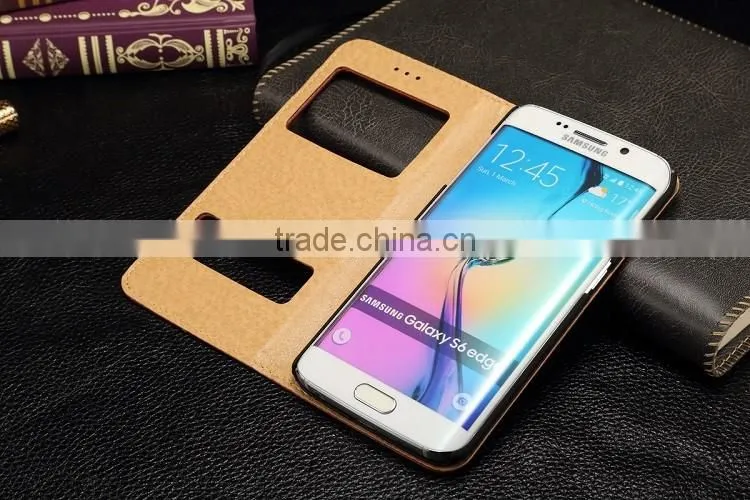 Genuine Leather Cover Window Display Stand Phone Flip Case For Samsung Galaxy S6 Edge