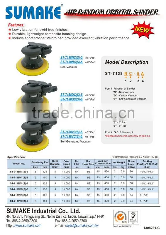CENTRAL VACUUM RANDOM ORBITAL SANDER W/5" VELCRO PAD