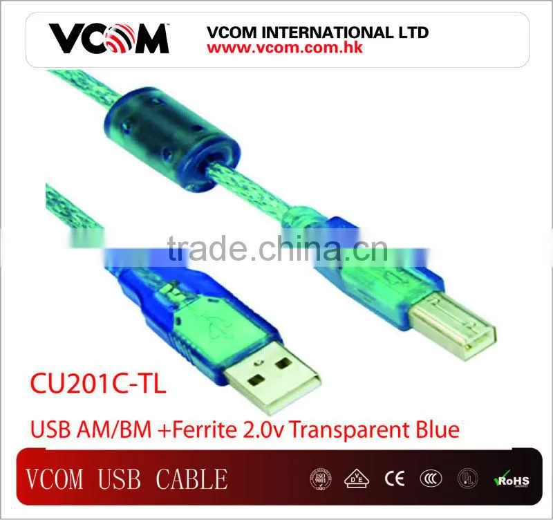 High Speed Top 2.0V Transparant USB Cable USB AM/BM + Ferrite 2.0V Transparant Blue