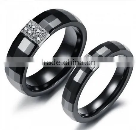 Black Ceramic Ring with CZ Stones Inlaid, Women's Ceramic Ring
