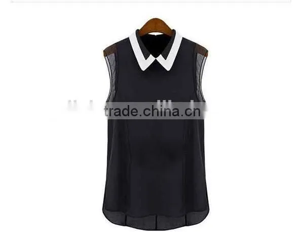 Fashion Cheap 2015 Women Clothing Shirts Spring Summer Chiffon Blouse Turn down Collar Sleeveless Shirt Black White Plus Size