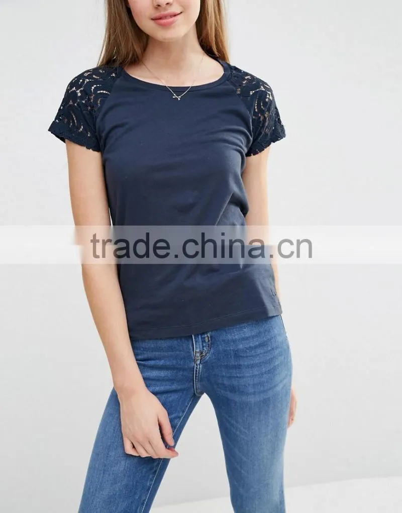 2016 wholesale women t shirt blank cotton t and model shirt with lace sleeve