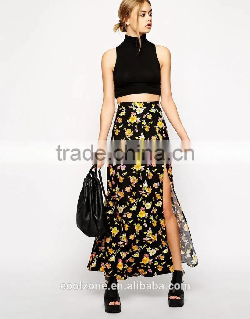 100% Viscose fashion high split all over floral print long skirt