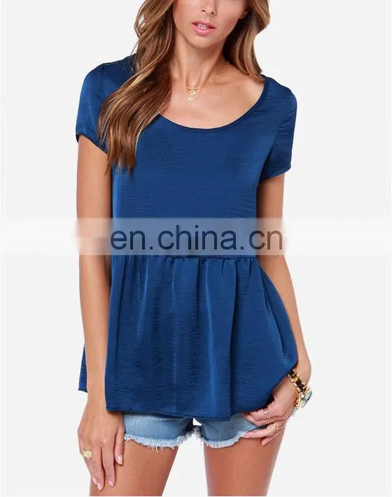 CHEFON Short sleeve fluttering hem soft satin ladies blouse ladies top fashion blouse