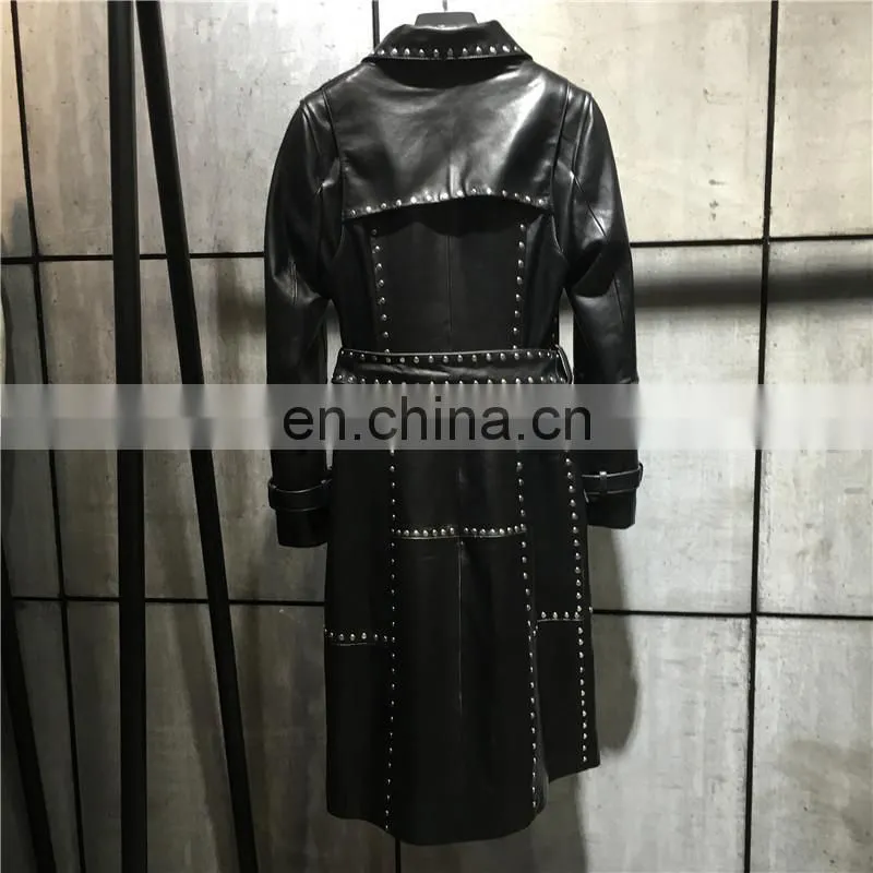 Women Fashion Long Black Rivet Real Leather Coat Leather Trench Coat