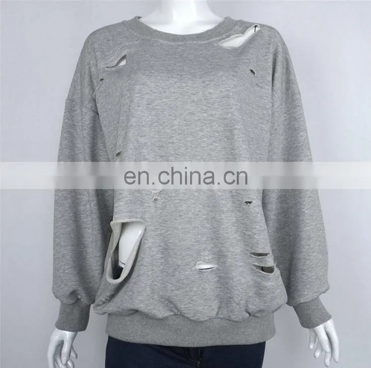 Ladies Sweatshirts Hole Cut Out Distressed Batwing Sleeve Sweater Sweatshirt