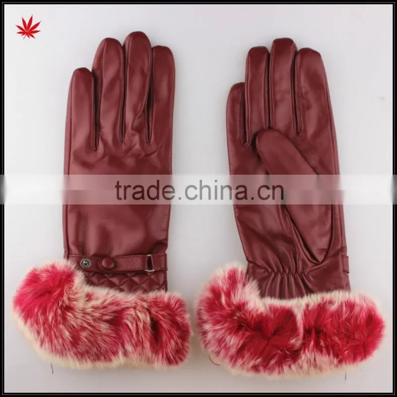 Rabbit fur trim leather gloves for women genuine fur