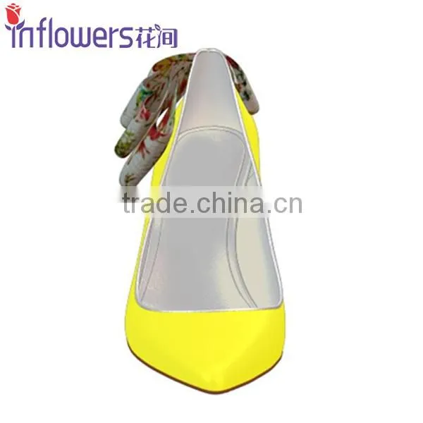 Yellow patent leather with back bowtie pointed toe women high heel shoes