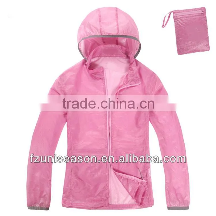 Waterproof thin nylon unisex windbreaker jacket with bag