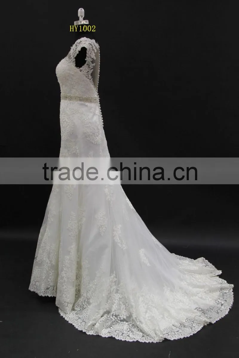 Small A-line with beading belt lace appliques sexy see through back wedding dress