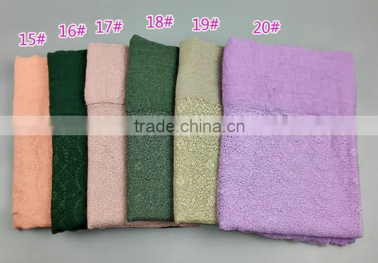 hot selling stock Lace cotton Flower Plain Pure Color Women Pattern Scarf Voile Cotton Scarves 180*110 Pashmina moq 10pcs