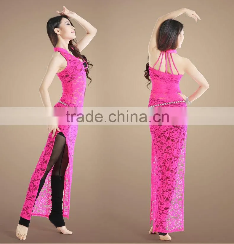 Sexy High Elastic Lace Belly Dance Dress Costume in 4 bright colors for Belly Dance Practice in Autumn and Winter