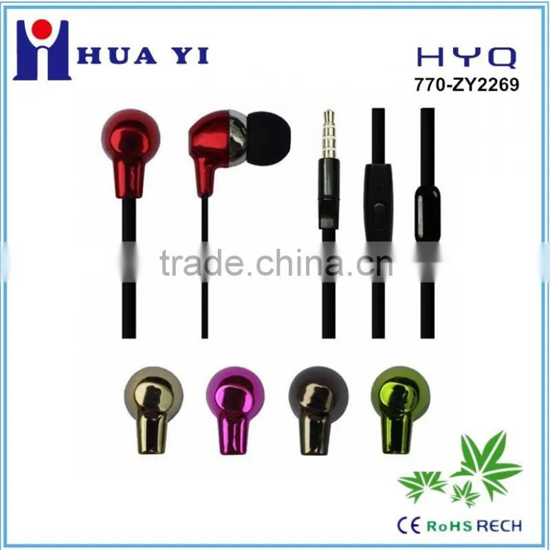 New arrive stereo metallic plating flat cable earbud with mic handsfree earphone for mobile or PC