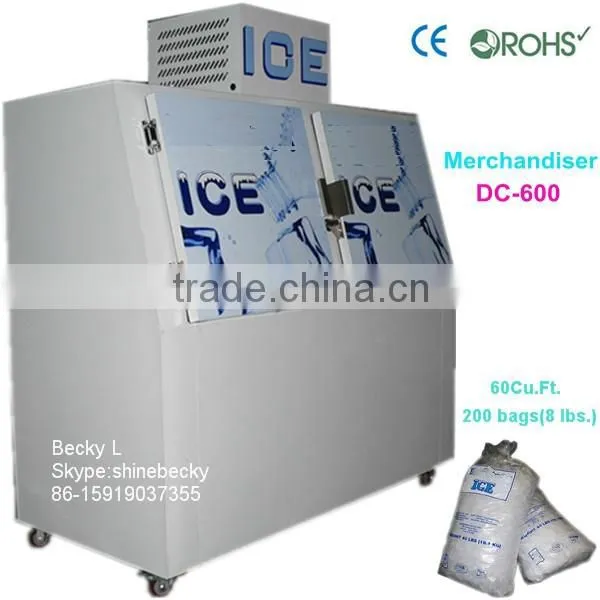 Slant ice merchandiser for indoor & outdoor use