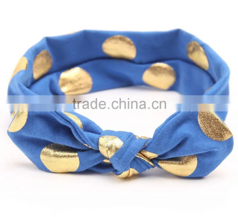 New arrival baby head band knot headband baby headwears / gold foil dot bunny ear head wraps hat