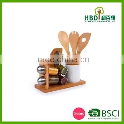 Bamboo Kitchen tool kitchen glass spice jar with bamboo utensil holder