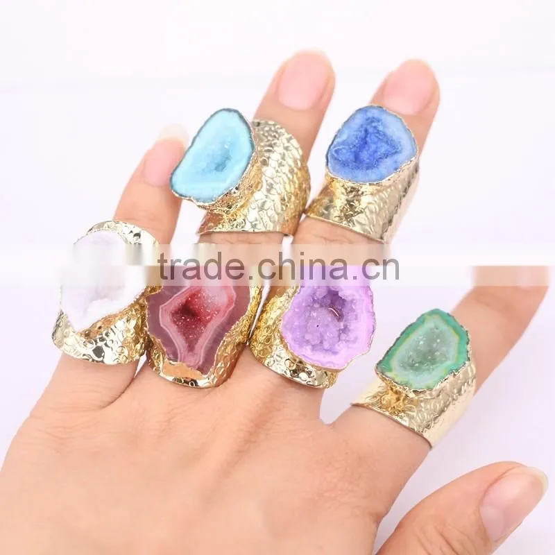 Mixed Colors Agate Geode Ring Golden Electroformed Freeform Drusy Druzy Gem stone Jewelry Rings