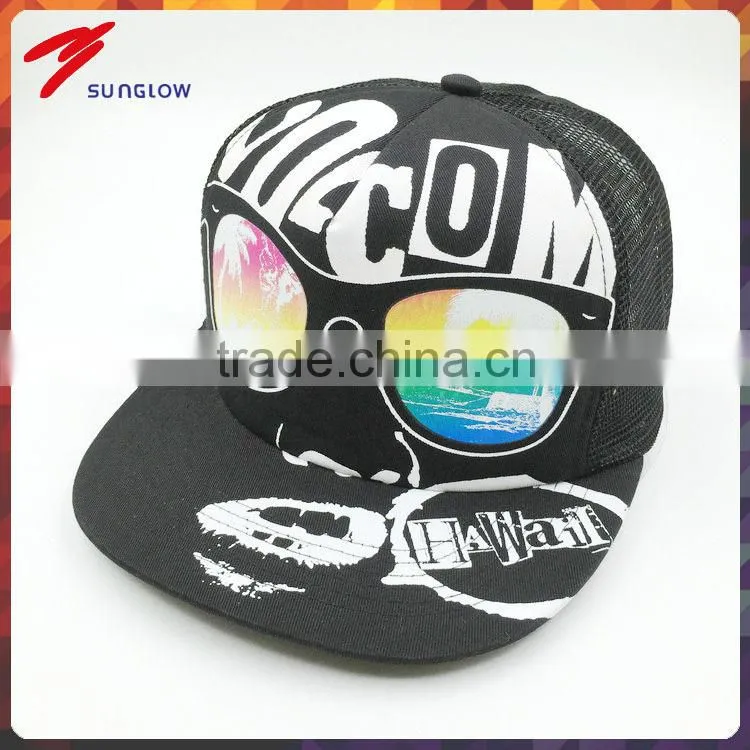 Wholesale flat brim 5 panel printed half mesh trucker cap