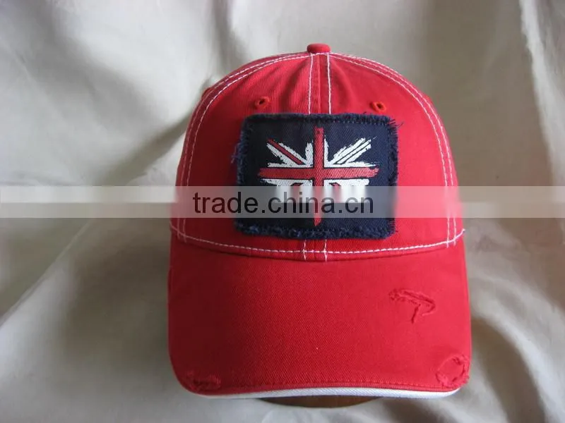 red cotton twill broken washed baseball cap with embroidery patch