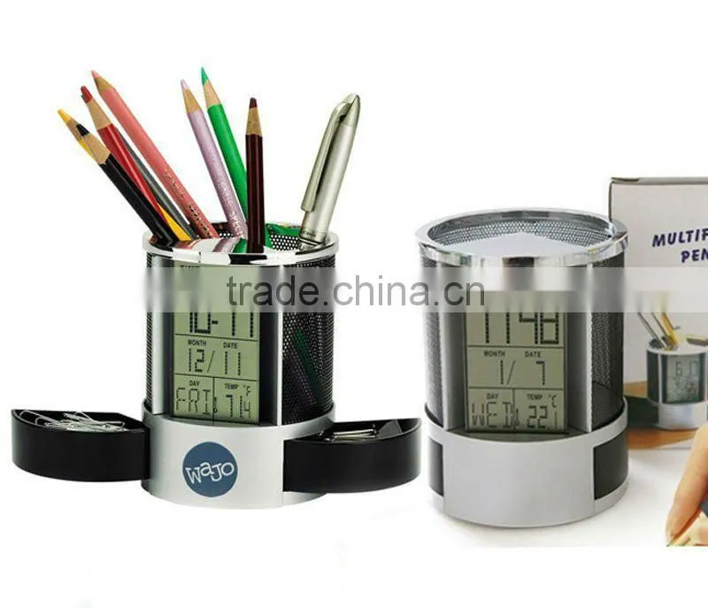 Plastic Transparent Multifunctional Pen holder Calendar Timer Thermometer Clock