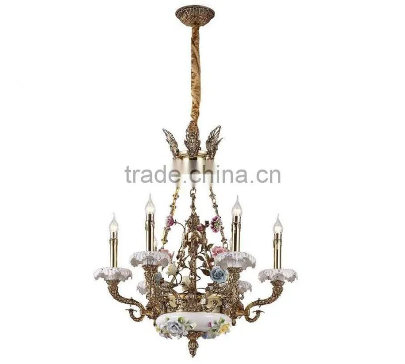 French Rococo Style Porcelain Flower Chandelier With Antique Brass/ Elegant Bronze Ceramic Pendant Lighting For Home & Hotel
