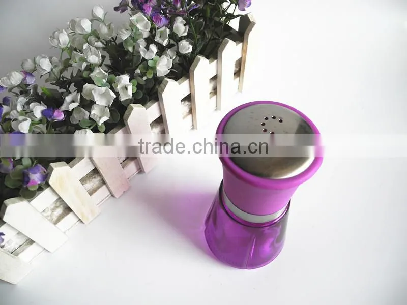 purple glass salt and pepper squat bottle with stainless steel cap