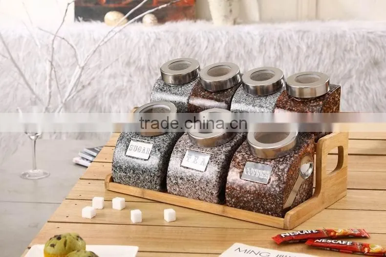export to turkey colourful ceramic porcelain canister set,ceramic canister,storage jar,ceramic jarwith spoon & bamboo stand