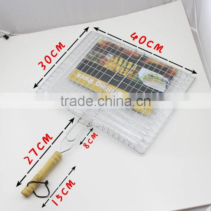 Silver Tone Metal BBQ Grilling Net with Round Wooden Handle