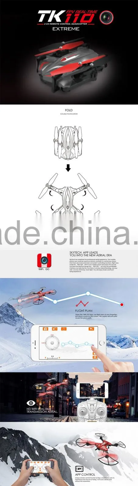 APP control HD WiFi real-time RC foldable drone quadcopter with camera