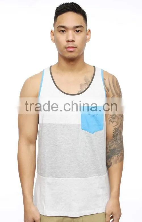 Custom cheap cotton men's tank top with pocket,stripe tank top