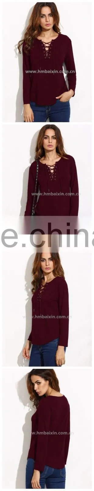 WOMEN'S APPAREL Burgundy Lace Up Long Sleeve T-shirt