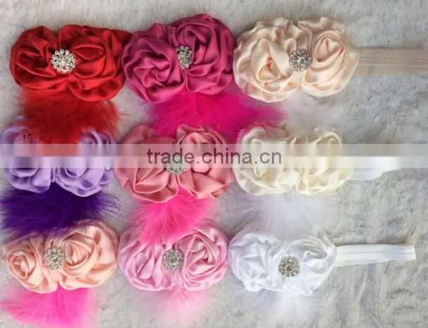 Shabby Chic Flower Feather Headband With Stunning Rhinestone Center - Newborn Baby Girl Hairbow - Photo Prop Hair Bow bling