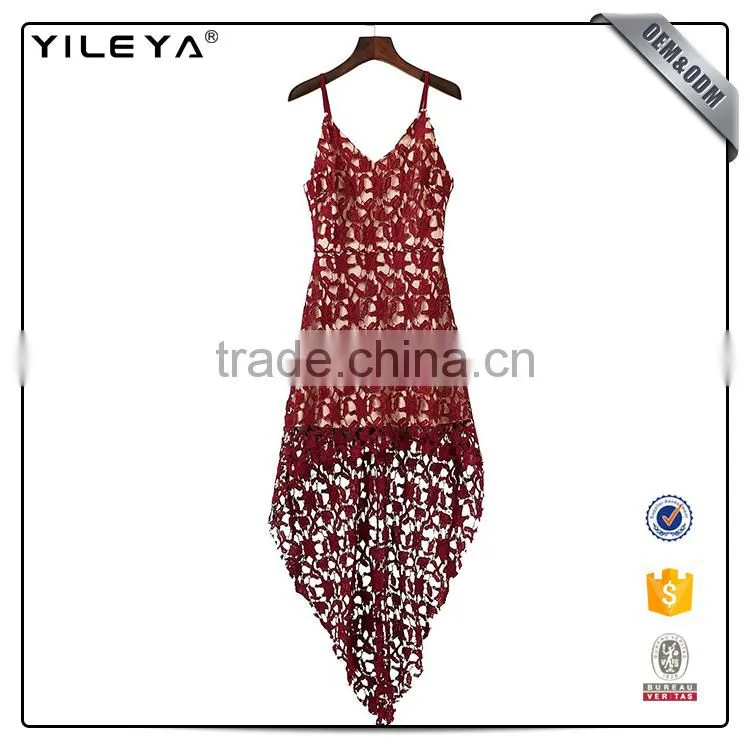 China dress manufacturer women dress fashion short front long back casual red hollow out lace dress