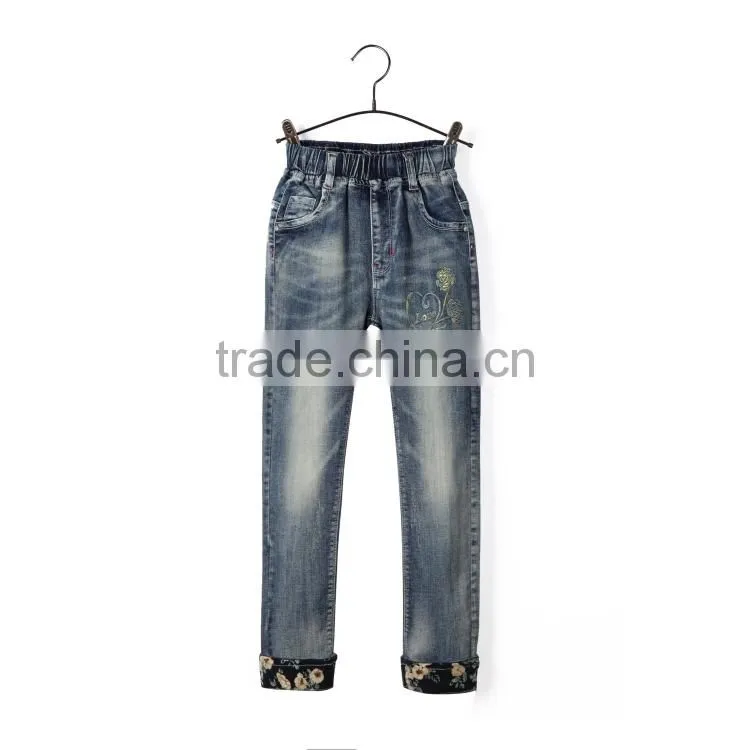 New style fashion breathable denim printed girls embroidery jeans pants