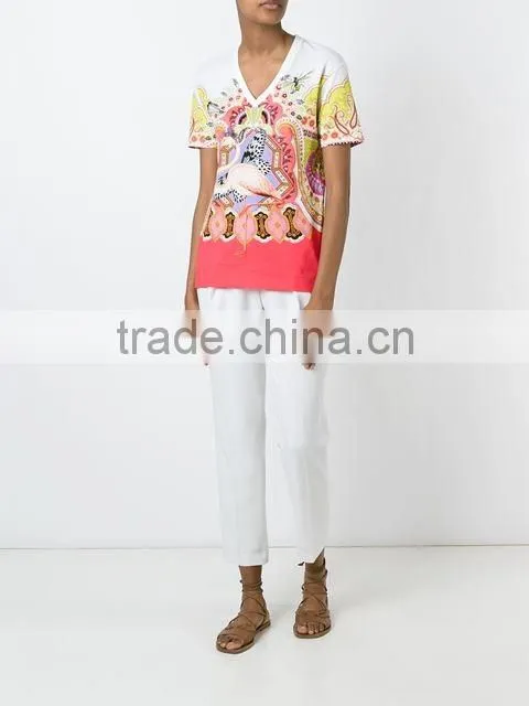 Custom Womens White 100 Cotton printed t Shirts,Top Quality Short Sleeve V Neck Printed T Shirts For Women